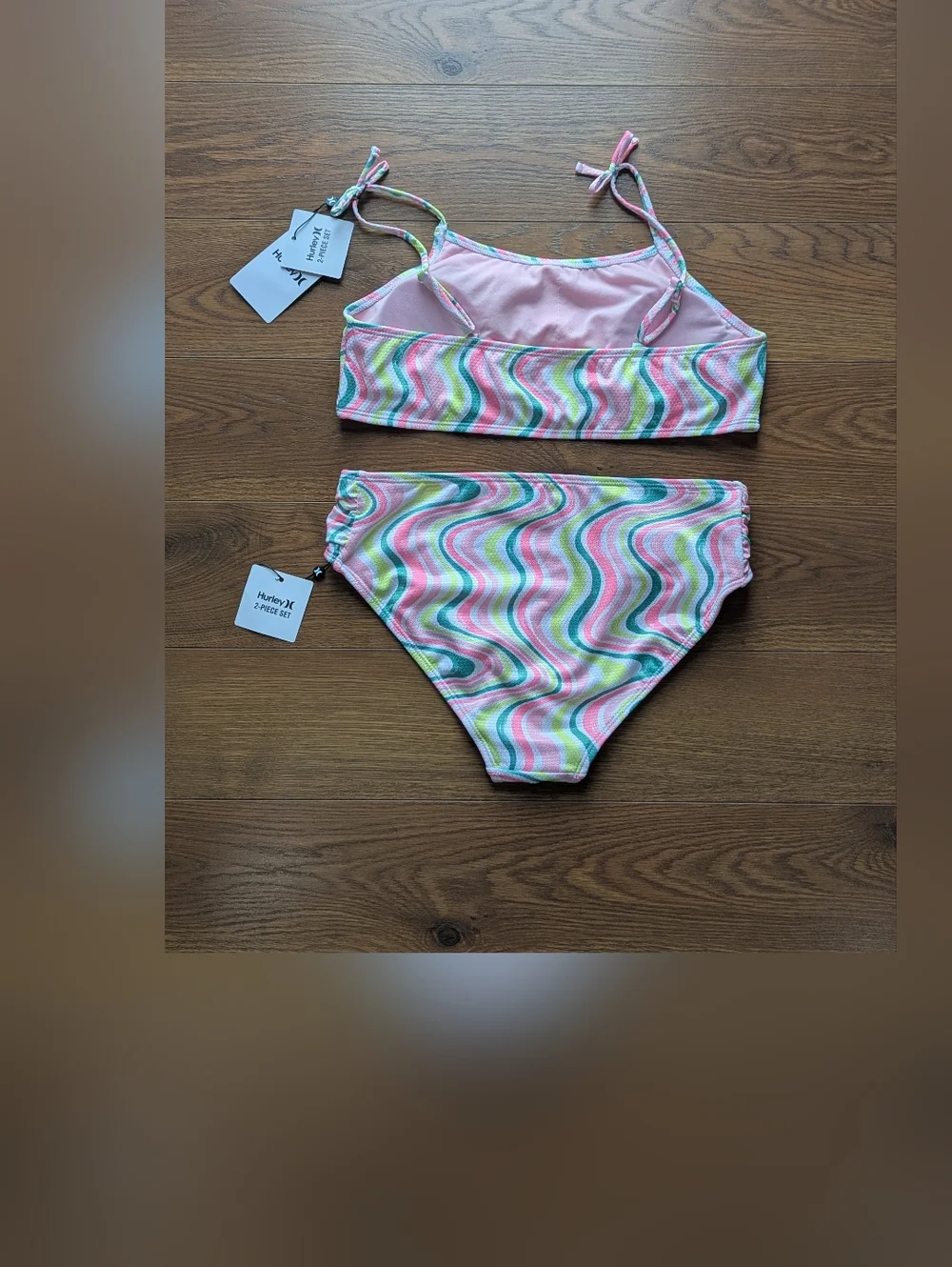 Hurley Girls Honeycomb Bandeau Bikini Set Pink Green White Size 16 NWT